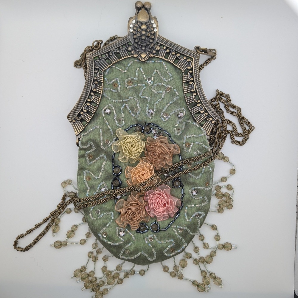 Victorian Style Beaded Evening Bag Sage Green Ribbon Rose Fringe Kiss Lock